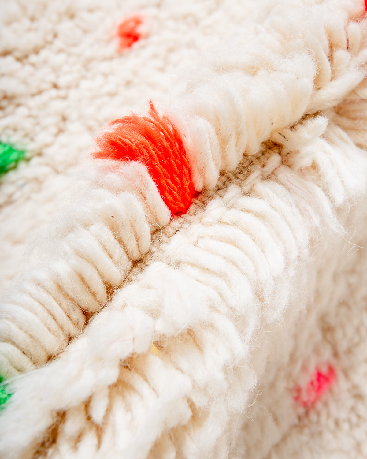 Modern, designer, handcrafted Berber rug from Morocco. Beniourain carpet with beautiful colours and patterns and fluffy wool texture.